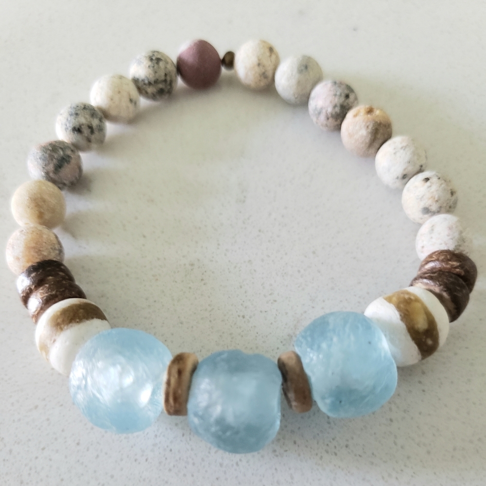 Beaded Agate Stone & African Glass Stretch Bracelet